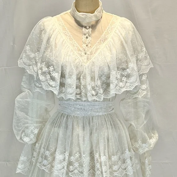 VINTAGE 70s wedding dress prairie bridal‎ gown flouncy ruffle lace long sleeve - Picture 4 of 16